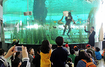 수족관에서 잠수부가 쇼를 하는 모습을 구경 하는 관람객들 그앞에 가이드가 설명을 하고 있다.