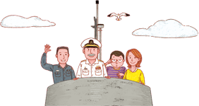  배 위에서 남자1, 항해사, 남자2, 여자2가 앞을보며 웃고 있고 갈매기와 구름이 주변에 떠있는 그림