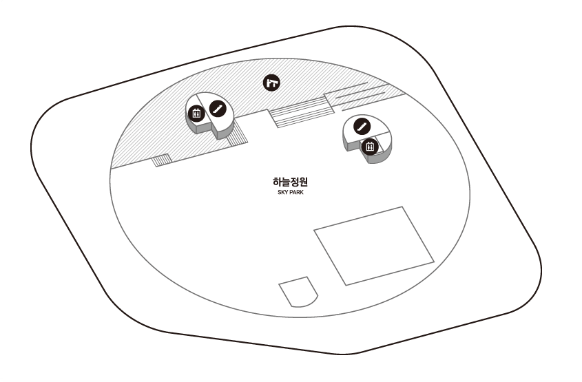 PF 하늘공원 단면도 그림.
하늘정원 오른쪽에 엘리베이터와 계단이 있고, 그 앞쪽으로 전망대가 있습니다.
전망대 위에도 엘리베이터와 계단이 있습니다.