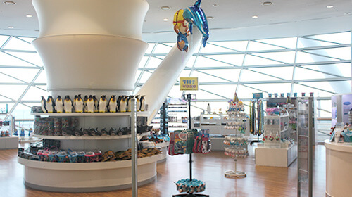 국립해양박물관 뮤지엄숍. 벽이 통유리로 되어있고 각종 기념품들이 나란히 종류별로 배치되어 있다.