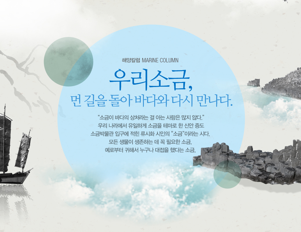 우리소금, 먼길을 돌아와 바다와 다시 만나다 소금이 바다의 상처라는 걸 아는 사람은 많지 않다. 우리 나라에서 유일하게 소금을 테마로 한 신안 증도 소금박물관 입구에 적힌 류시화 시인의 소금이라는 시다 모든 생물이 생존하는데 꼭 필요한 소금 예로부터 귀해서 누구나 대접을 했다는 소금