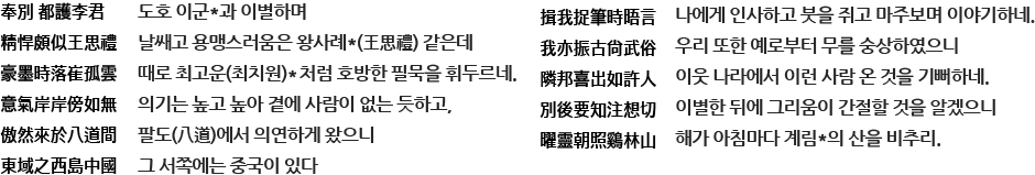 도호 이군*과 이별하며 날쌔거 영맹스러움은 왕사례*(王思禮) 같은데 때로 최고운(최치원)*처럼 호방한 필묵을 휘두르네. 의그는 높고 높아 곁에 사람이 없는 듯하고, 팔도(八道)에서 의연하게 왔으니 그 서쪽에는 중국이 있다. 나에게 인사하고 붓을 쥐고 마주보며 이야기하네. 우리 또한 예로부터 무를 숭상하였으니 이웃나라에서 이런 사람 온 것을 기뻐하네. 이별 한 뒤에 그리움이 간절할 것을 알겠으니 해가 아침마다 계림*의 산을 비추리.