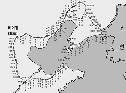 1624년 주청사행선단의 해로사행 경로 지도