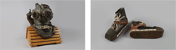 잠수용 헬멧 / 김도현 기증 / 39.5×33×49cm, 잠수용 신발 / 김도현 기증 / 길이 69.7cm, 높이 25.5cm 사진