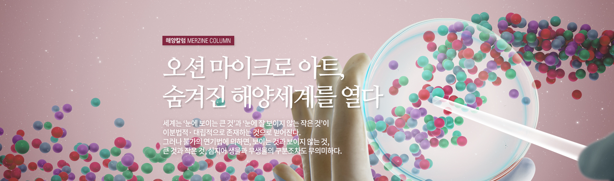 해양칼럼 MERZINE COLUMN 오션 마이크로 아트, 숨겨진 해양세계를 열다 세계는 '눈에 보이는 큰 것'과'눈에 잘 보이지 않는 작은 것'이 이분법적·대립적으로 존재하는ㄱ ㅓㅅ으로 믿어진다. 그러나 불가의 연기법에 의하면, 보이는 것과 보이지 않는 것, 큰 것과 작은 것, 심지어 생물과 무생물의 구분조차도 무의미하다.(미생물을 확인하고 있는 모습)