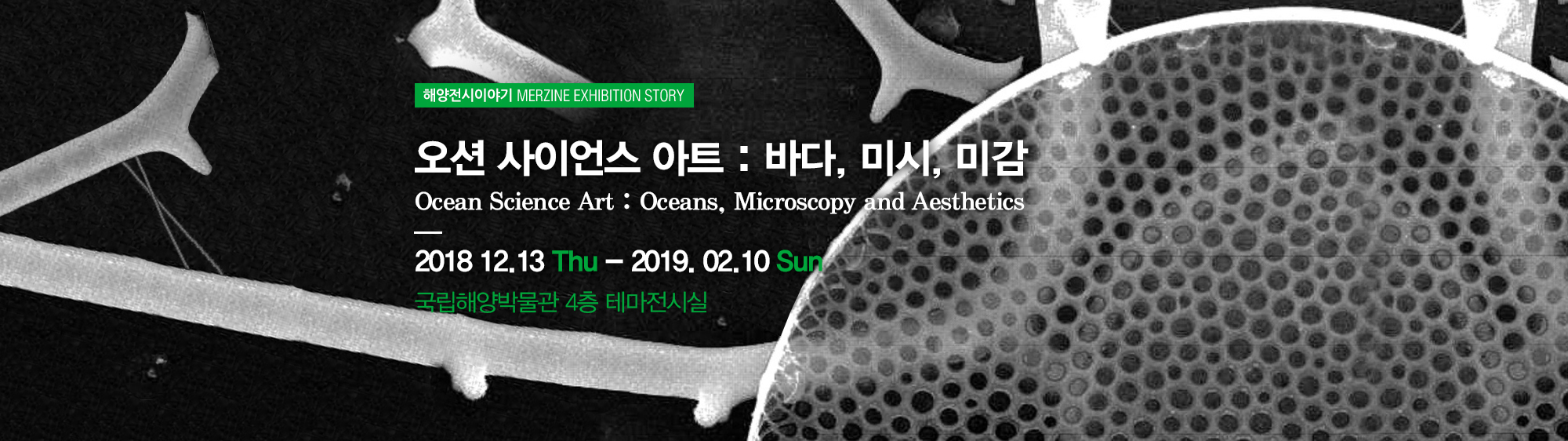 해양전시이야기 MERINE EXHIBITION STORY 오션 사이언스 아트 : 바다, 미시, 미감. Ocean Scence Art : Ocean, Microscopy, and Aesthetics. 2018년 12월 13일 화요일부터 2019년 2월 10일 일요일까지 국립해양박물관 4층 테마전시실 